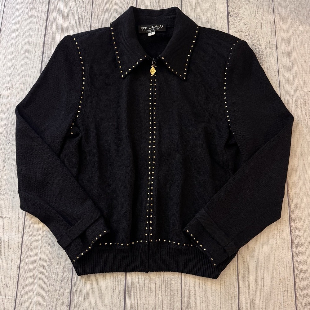 St. John Collection Gold Studded Zip Jacket Women's Size 8 Knit Vintage